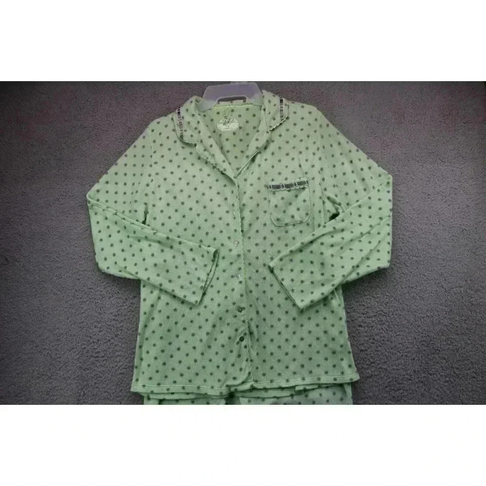 Women's Aria‎ Flannel Pajama Set-Size Medium-Light Green & Gray-100% Polyester